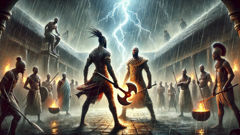 Shango kämpft mit Gbonka, während Blitze einschlagen und Regen während eines Aufstands in Oyo fällt.