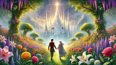 Oisin and Niamh strolling in the gardens of Tir na nOg’s magical palace