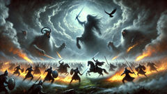 The Tuatha Dé Danann fight Fomorian monsters on a misty Irish battlefield.