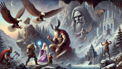 Thjazi, Thrym, Skadi und Utgard-Loki in nordischen mythischen Begegnungen.