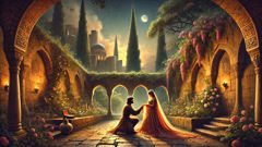 Ashik Kerib vows to Magul beneath cypress trees in a moonlit garden