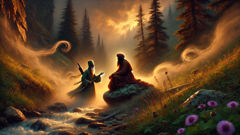 Ashik Kerib meets a wise dervish by a misty stream in the Caucasus