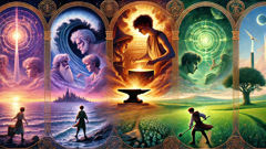 Lugh as a boy learns from gods; Manannán by the sea, Goibhniu at the forge, Tailtiu in the fields