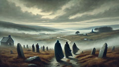 Dagda, Aengus, and Morrigan journey through misty Irish lands, villagers watching in hope.
