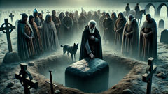 Villagers gather as a black dog is gently laid beneath a church foundation stone.