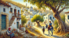 Miller und Sohn reiten zusammen auf einem Esel nahe eines griechischen Dorfes.