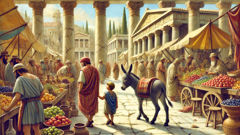 Müller und Sohn mit Esel, die einen belebten griechischen Marktplatz betreten.