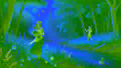 Minnehaha recogiendo flores silvestres junto a un río mientras Hiawatha se acerca
