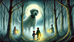 Gurt Dog with glowing fur guides lost Thatcher twins back through foggy hills.
