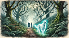 Anna and Tom following the Gurt Dog through misty woods in Somerset.