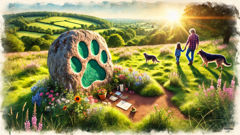 Carved Gurt Dog pawprint stone near Cothelstone Hill with flowers around it.