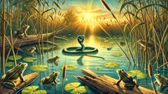 Eine schimmernde Wasserschlange gleitet in das Sumpfgebiet, während verängstigte Frösche sich verstecken.