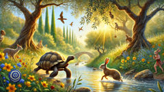 Der Hase und die Schildkröte gehen Seite an Seite an einem griechischen Bach entlang, nun Freunde.