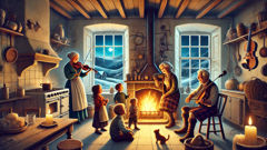 Generations gather around a Scottish farmhouse hearth as stories of the Brownie are retold.