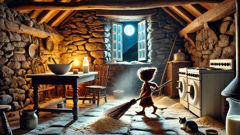 A Brownie performing chores by moonlight in a Scottish farmhouse kitchen.