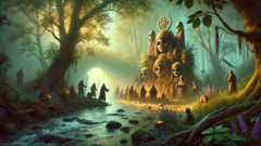 Templo de Sviatovit con ídolo de cuatro caras, espíritus del río y Mokosh en un bosque vibrante