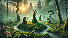 Rod con Svarog, Veles y Mokosh creando el mundo en un paisaje forestal