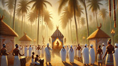 Obatala-Fest in Ife: Menschen in weißen Gewändern feiern unter Palmen in der Yoruba-Tradition