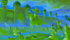 La princesa Gulnor guía a sus tropas a la batalla fuera de las murallas de Samarcanda al atardecer, señalando una emboscada.