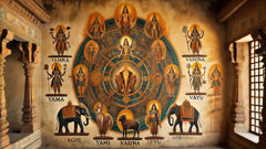 Illustration des icônes des huit Ashtadikpalas, avec des symboles tels que le trident, la massue, la flamme et le sac d'argent.