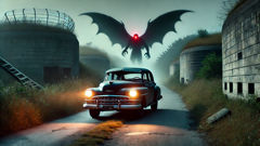 A car fleeing from a winged creature near the TNT area outside Point Pleasant.
