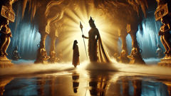 Savitri, de pie ante Yama en un mundo luminoso, suplicando con dignidad serena mientras el dios escucha atentamente.