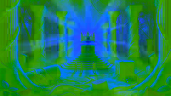 Ruines forestières couvertes de mousse, surmontées d'une couronne lumineuse reposant sur un socle en pierre