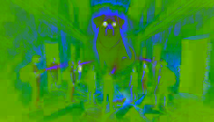 Une ruine de mission jésuite avec une fresque représentant un chien noir, tandis que le groupe de Rosa reste émerveillé dans la chambre, éclairant les murs avec des lampes de poche.
