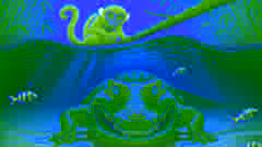 Vue sous-marine d’un crocodile Elkementouré de ses yeux brillants, tandis que le singe l’observe depuis au-dessus.