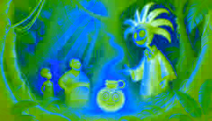 Anansi, sosteniendo el resplandeciente Calabash Mágico, se da cuenta de que la sabiduría debe ser compartida, mientras el espíritu guardián y los ancestros observan con aprobación.