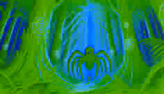Anansi, de pie en el borde del Sagrado Bosque, mira hacia la entrada resplandeciente, rodeada de árboles majestuosos y luz dorada.