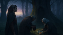 Villagers leaving offerings of milk and ribbons at the forest edge at sunrise.