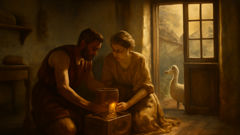 Griechisches Landhaus mit einer weißen Gans und einem goldenen Ei, das unter den Dielen versteckt ist.