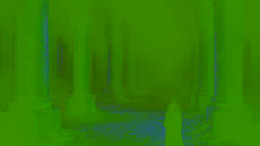 Salle faiblement éclairée de la Cité Sans Nom, avec des colonnes brisées et des symboles inconnus gravés sur les murs.