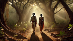 Savitri y Satyavan caminaban por un bosque denso, mientras la suave luz de la mañana se filtraba a través del dosel.