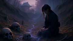 A ravine filled with old bones under a cold dawn, hinting at a giant skeleton awakening.