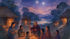 ancient villagers telling the qixi tale under stars while pointing at vega and altair