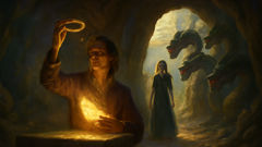 Andrei holds a glowing talisman before the Balaur and Ilinca in a mountain cave.