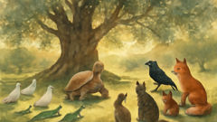 Animals gather under an ancient olive tree as a wise tortoise addresses them