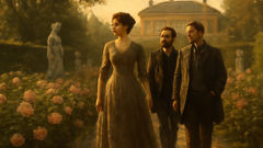 Anna Sergeyevna in a garden with Ivan and Bazarov during a summer gathering.