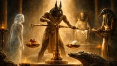 Anubis legt das Herz auf die Waage – die Feder entscheidet, ob ein Leben in Wahrheit gelebt wurde.