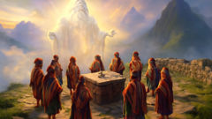 Villagers gathered on a high mountain altar as a majestic spirit figure appears from swirling mist.