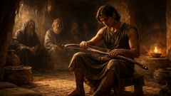 Aqhat está na casa de Danel, com o arco divino a brilhar sob uma lâmpada a óleo, enquanto os anciãos observam.