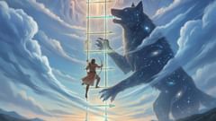 El arquero sube por una escalera de flechas que destella, mientras un lobo cubierto de estrellas sostiene un asta; ambos quedan enmarcados contra un cielo lechoso.