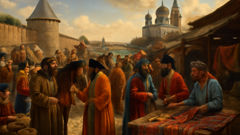 Medieval Astrakhan marketplace bustling with traders from Russia, Persia, and beyond.