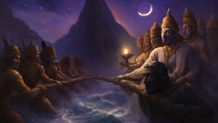 Scène du Samudra Manthan, où les dieux et les démons font tourner l’océan de lait, tandis que Rahu sirote le nectar de l’immortalité.
