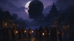 La tête flottante de Rahu tente d'engloutir la lune pendant une éclipse dans le village, tandis que les villageois battent des tambours.