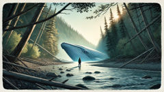 Glooscap confronts the enormous whale blocking the narrow river channel.