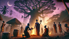 A dawn ritual beneath a towering silk cotton tree, villagers casting away a dark spirit.