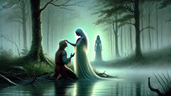 Undine and Huldbrand part by a misty dawn lake in the Black Forest.